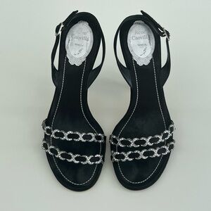 RENE CAOVILLA BLACK SILK CRYSTAL SANDALS SIZE IT 37.5 / US 7.5